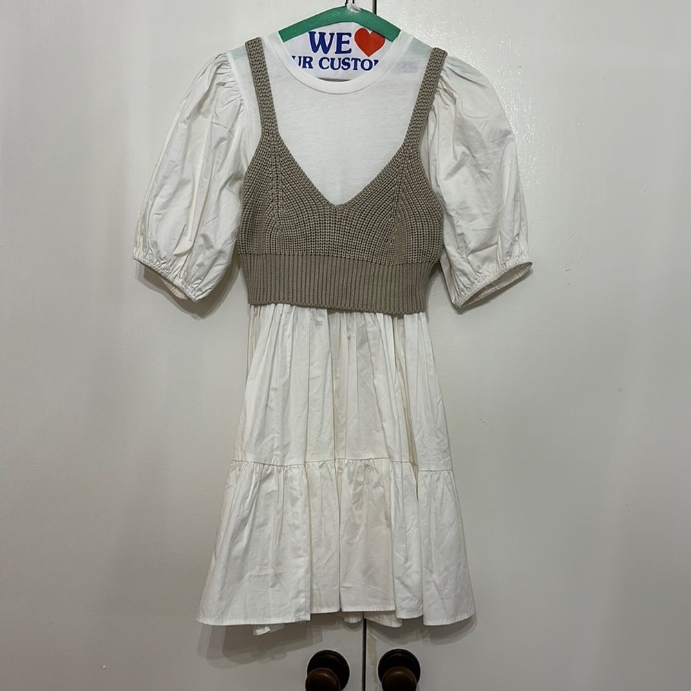 En Saison White Puff-Sleeve Mini Dress with Taupe Knit Bralette